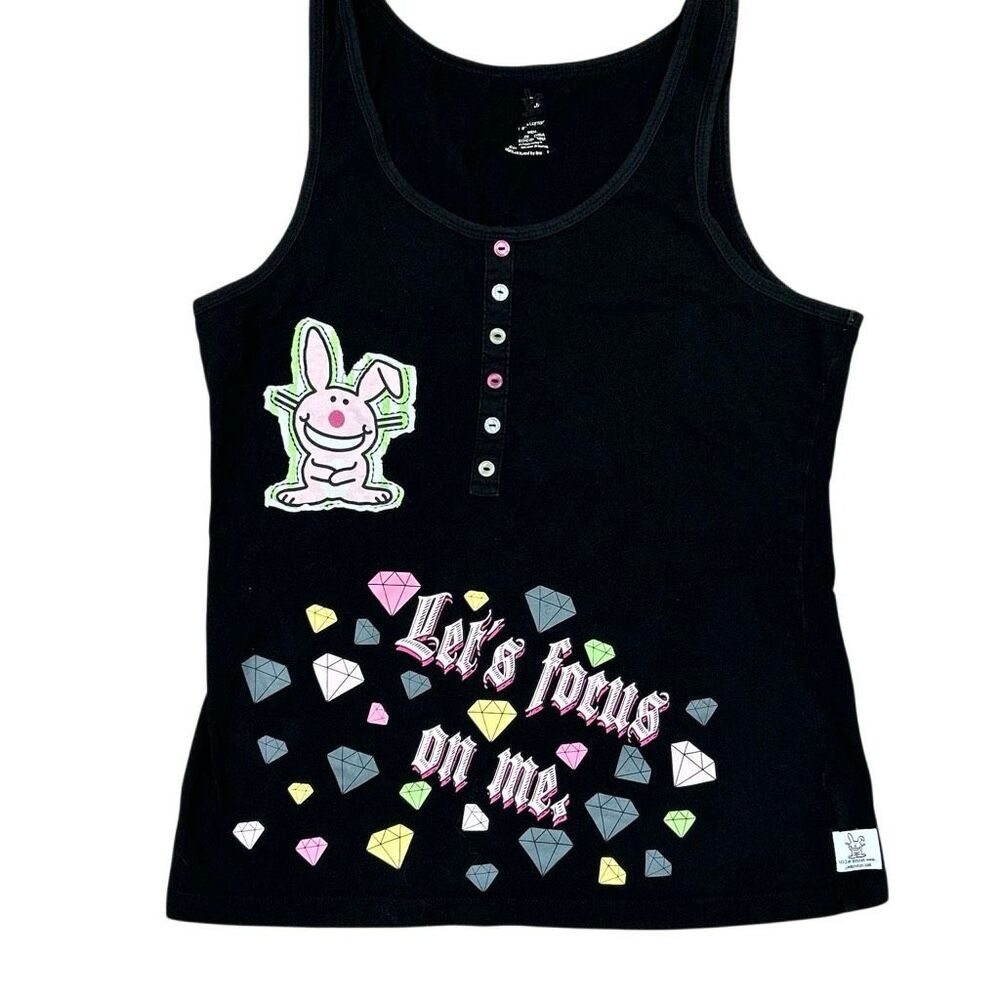 Y2K Jim Benton Happy Bunny Black McBling Henley Tank Top Size L